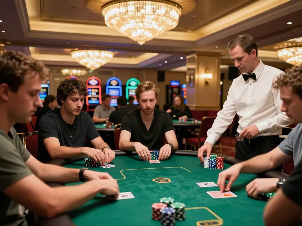 Poker players strategizing their game at du88 table with vibrant chips in luxury casino