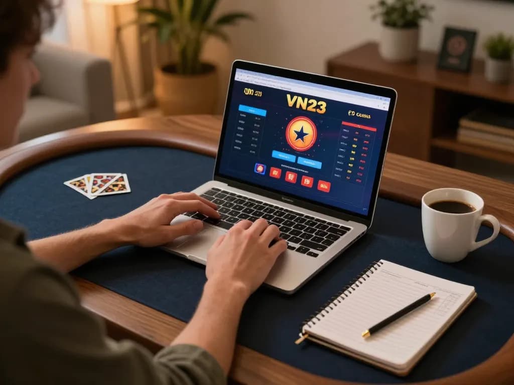 Engaged player enjoying the VN23 online casino experience at home with laptop and notes
