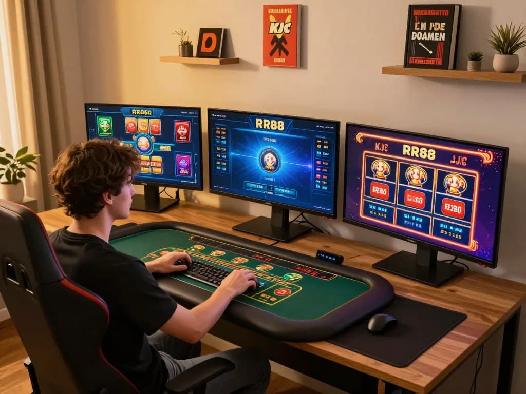 Immerse in RR88 KJC online gaming strategy with multiple screens and cozy setup.
