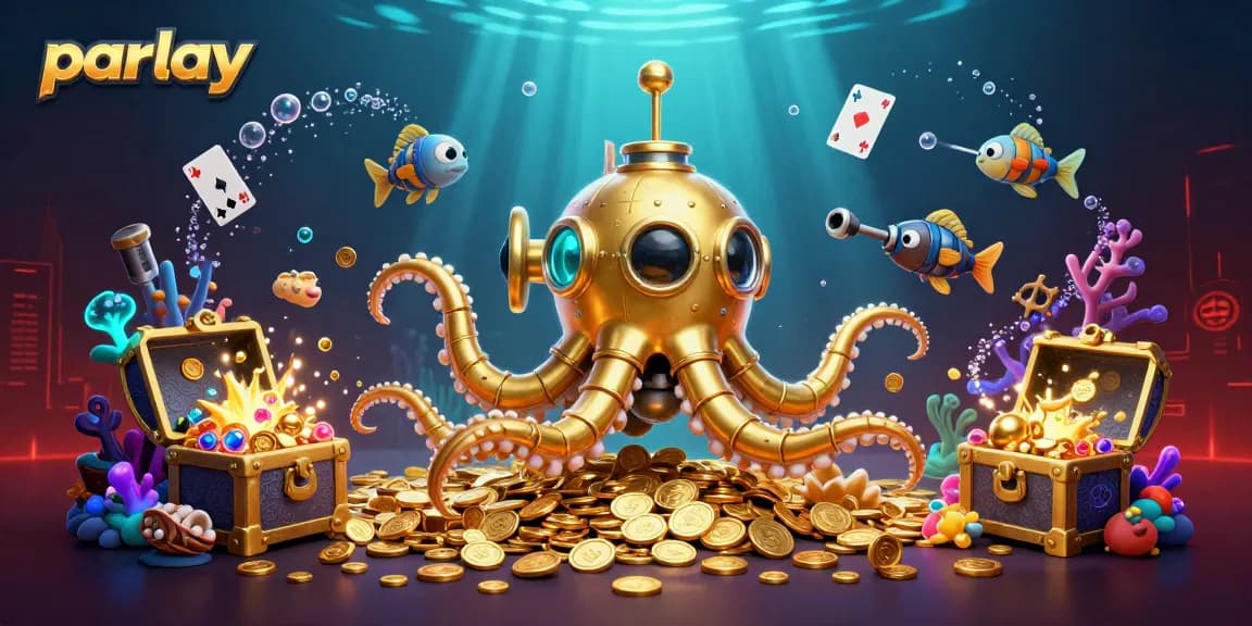 Bet on parlay with the golden kraken submarine and treasure in a vibrant scene