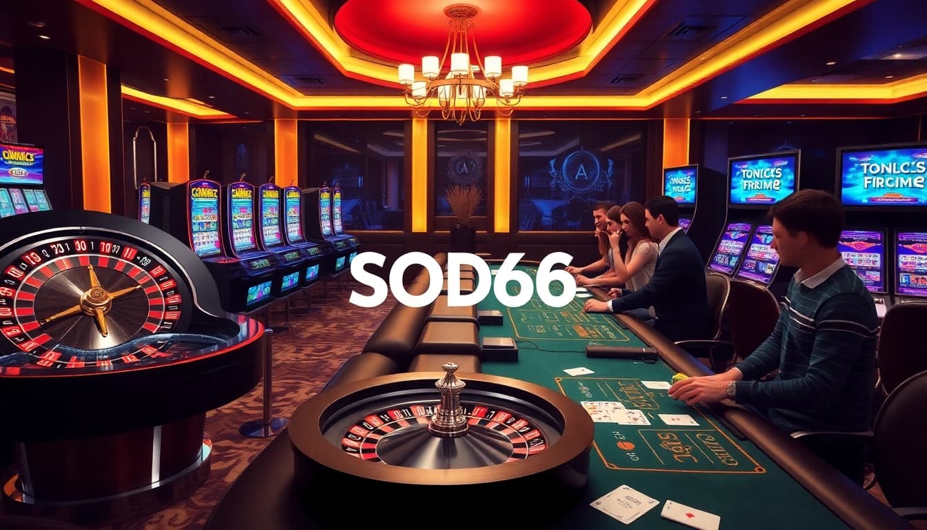 Experience the excitement of SODO66 with vibrant casino tables, slot machines, and lively poker action.