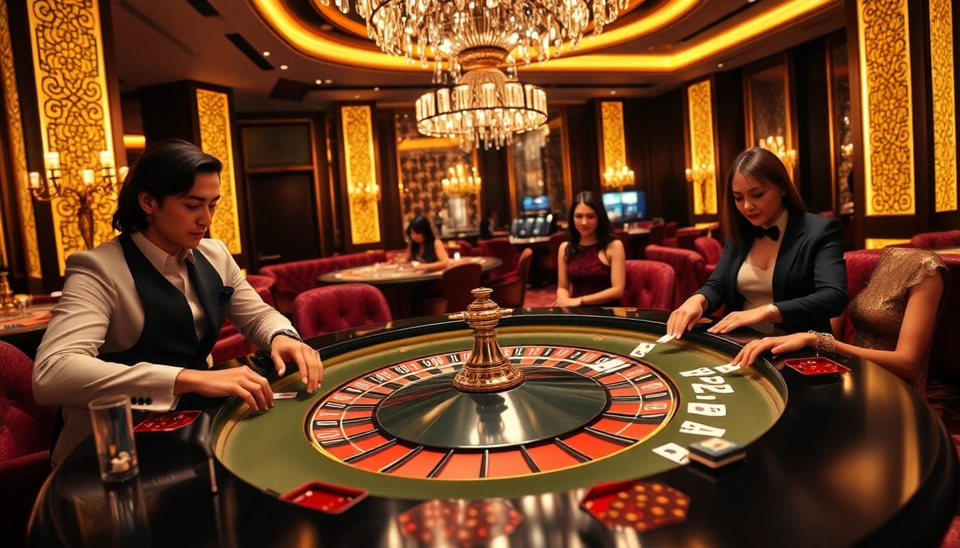 SBOBET roulette table scene with excited players immersed in high-stakes gambling.
