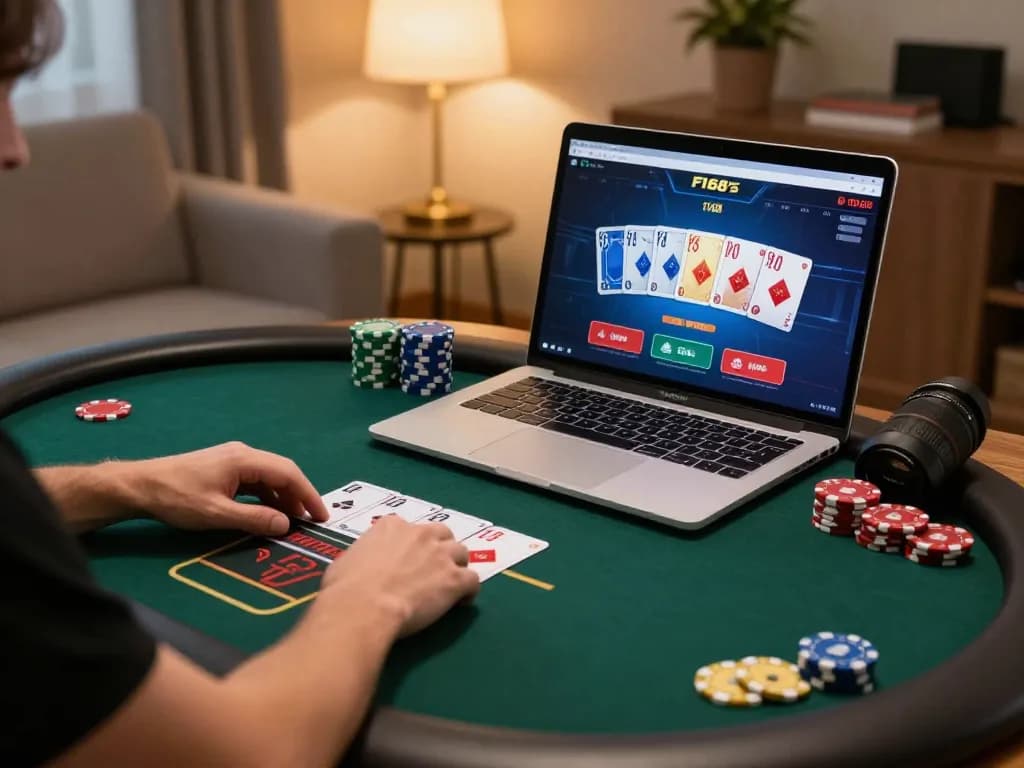 F168 user placing strategic bets in an online poker game from a cozy home setup