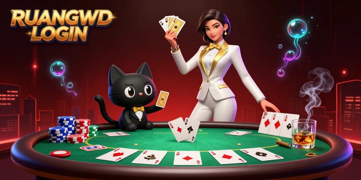 Engage in gaming excitement with RUANGWD LOGIN as a glamorous woman shuffles cards with a stylish cat at a vibrant poker table.