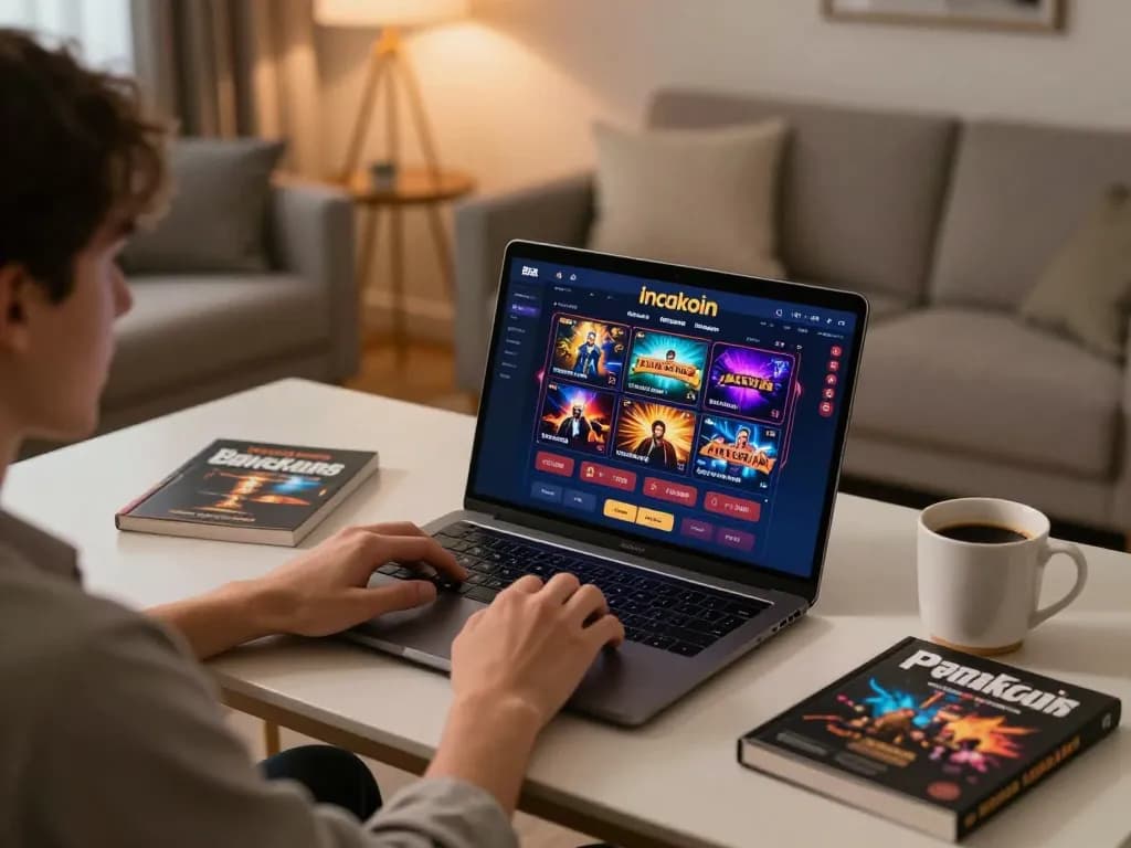 Person engaging with incakoin online casino from a cozy home setup, displaying active gameplay on laptop.
