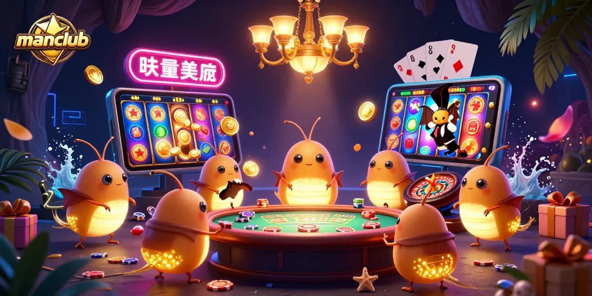 Engage in thrilling gaming experiences at manclub with vibrant casino elements and glowworm characters.
