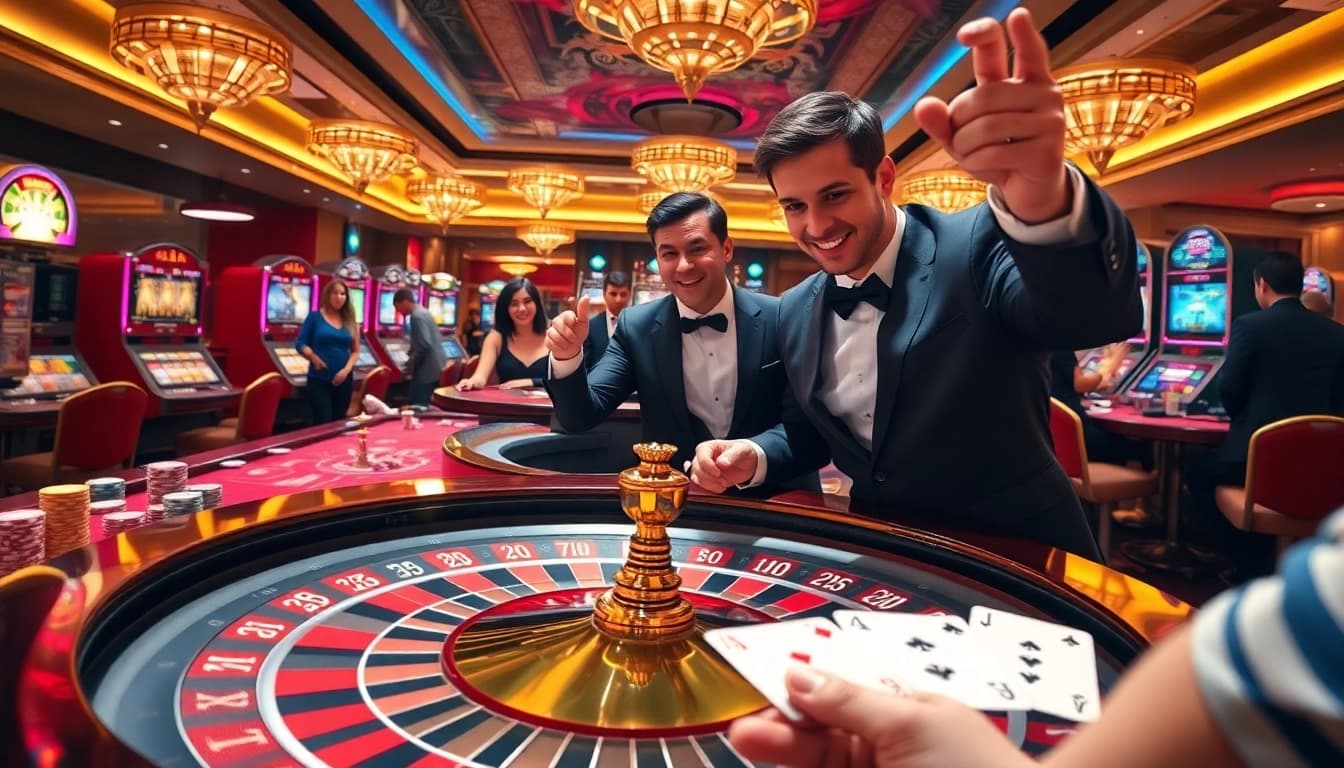 Players enjoying their wins at the hm88 casino with roulette and slot machines.