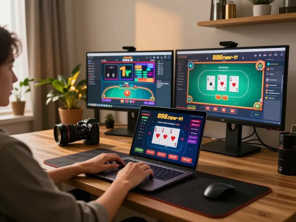 Engaged gambler using the 888new-vn online interface in a cozy home setting.