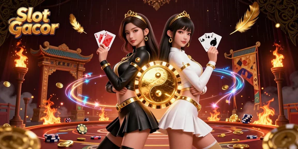 Rasakan fantasi Slot Gacor dengan dua wanita Asia dalam suasana kasino yang dinamis, menampilkan elemen kasino yang cerah.