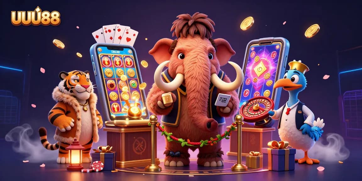 Join the excitement at UUU88 with a mammoth bouncer managing a vibrant casino scene filled with games.
