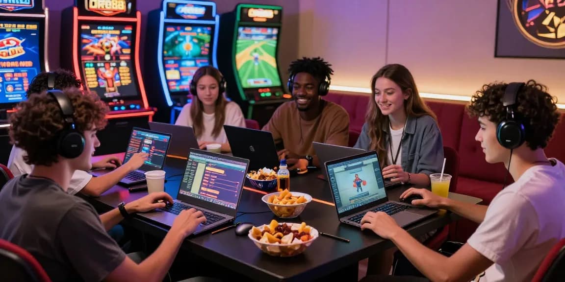 Friends gaming together with Open88 on laptops and phones in a lively atmosphere.