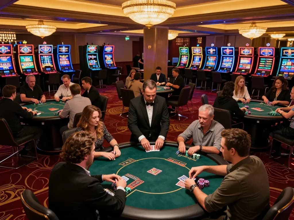 Players enjoying intense gameplay at a vibrant casino floor during an evening event with poker tables visible, embodying the spirit of 88aa.
