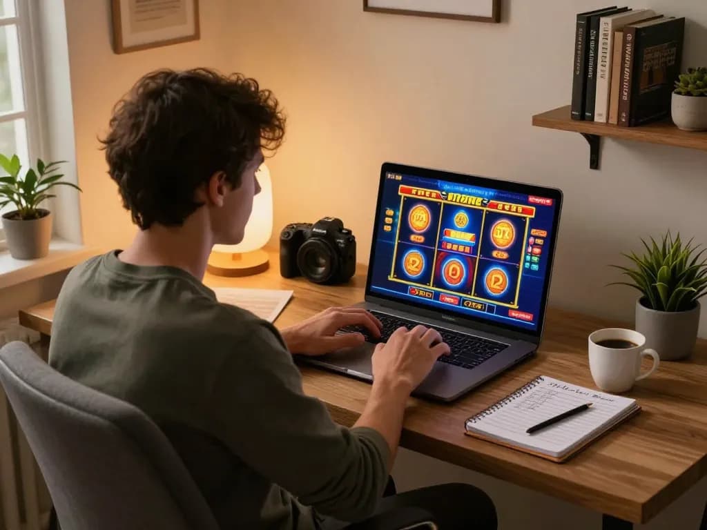 Engaging in slot online gaming at home with modern setup, showcasing a relaxed atmosphere.
