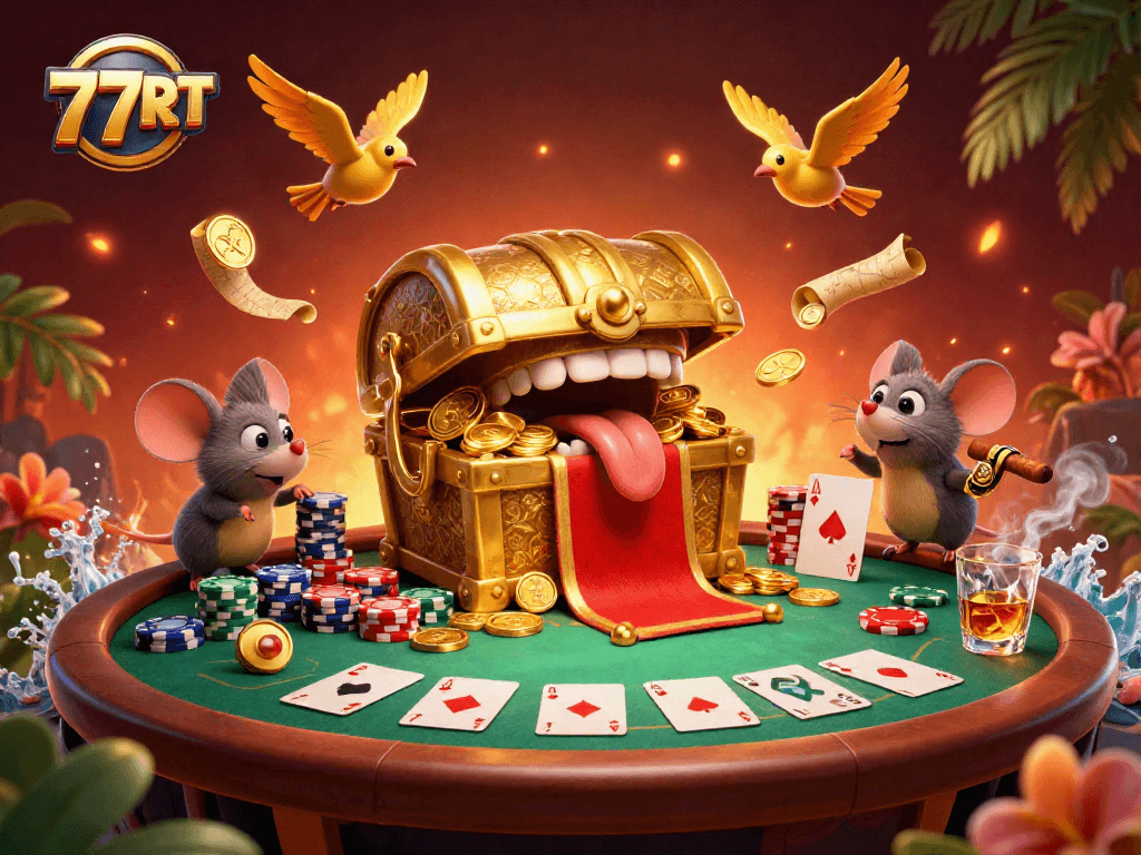 Engage with 77RT in a vibrant casino scene filled with adventure and treasure-chasing mice.