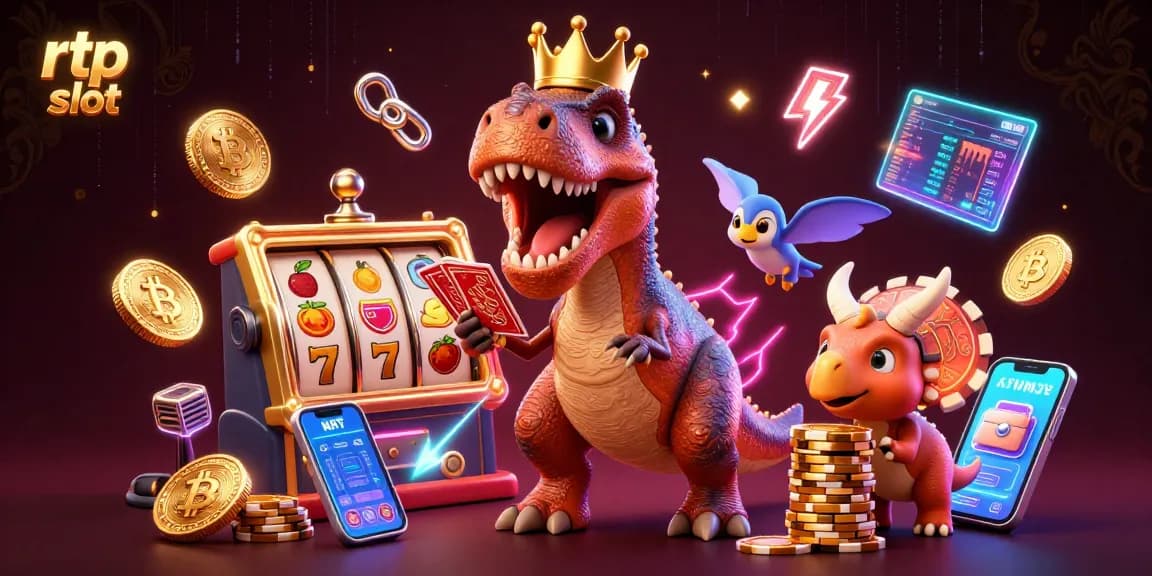 Menangkan rtp slot dengan bintang T-Rex bermain kartu sambil dikelilingi elemen kasino digital