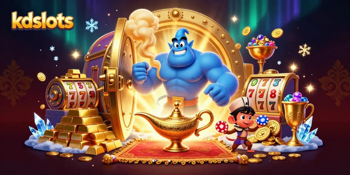 Engage in thrilling gameplay at kdslots with a captivating 3D illustration of a genie and treasures.