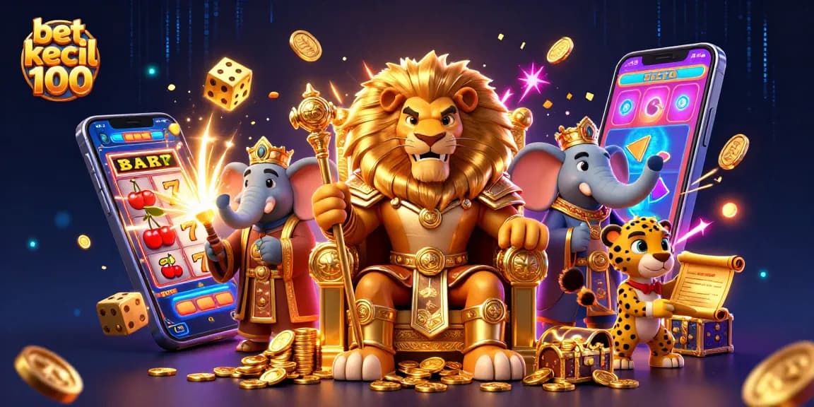 Experience thrilling gameplay with bet kecil 100 in a vibrant 3D casino illustration featuring a lion king and jackpot.