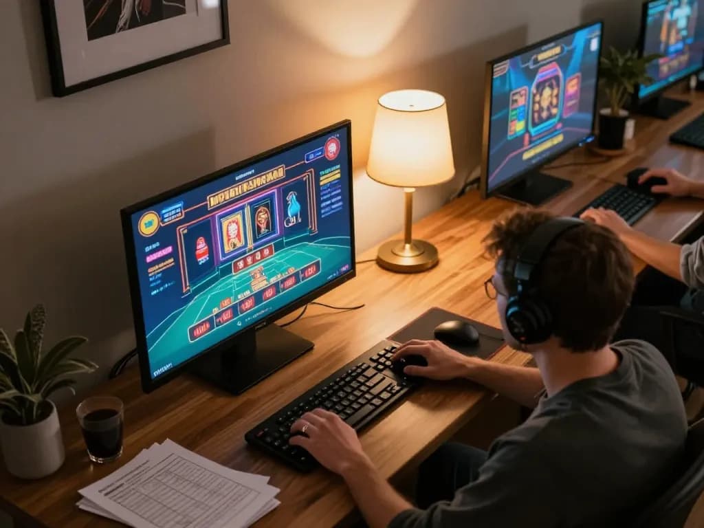 Player strategizing online gaming at LV88's interface in a cozy home environment