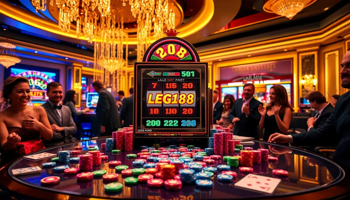 Players enjoying the excitement of LEGO138 slot machine in a vibrant casino.