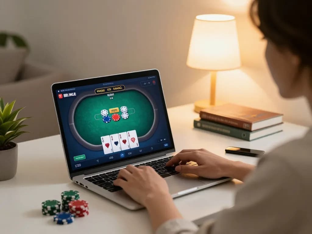 Engaging in an online poker game at home while using 78win's gaming platform.
