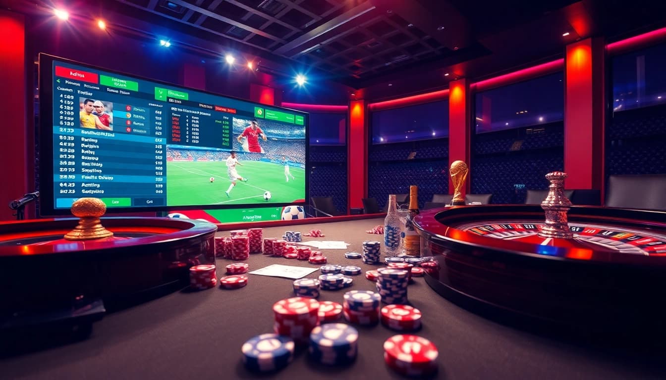 Place bets on แทงบอลโลก with vibrant digital betting displays and casino elements.