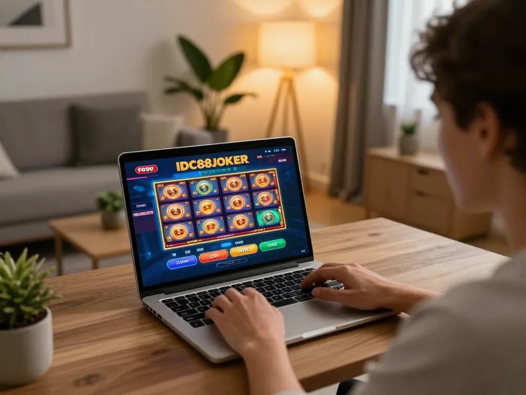 Engaged player using IDC88JOKER platform on laptop for thrilling home gambling experience