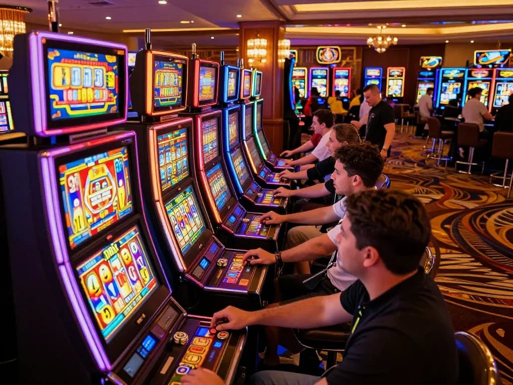 Players enjoying slot qris games amid colorful slot machines in a lively casino atmosphere.