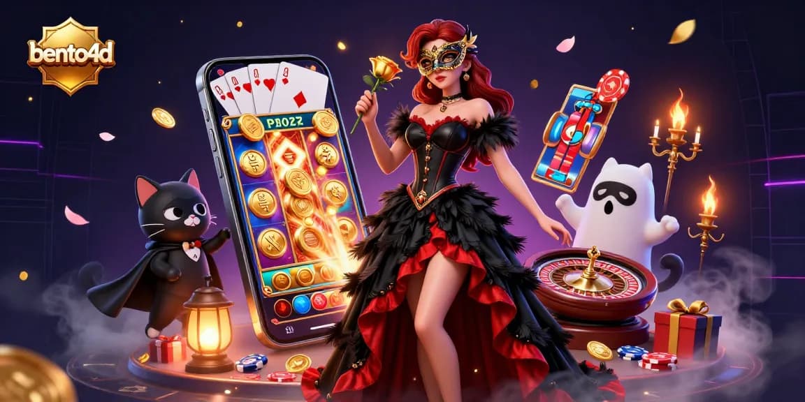 Bento4d menampilkan aksi kasino yang hidup dengan seorang wanita semi-realistis dalam gaun dramatis di tengah permainan 3D dan elemen yang dinamis.