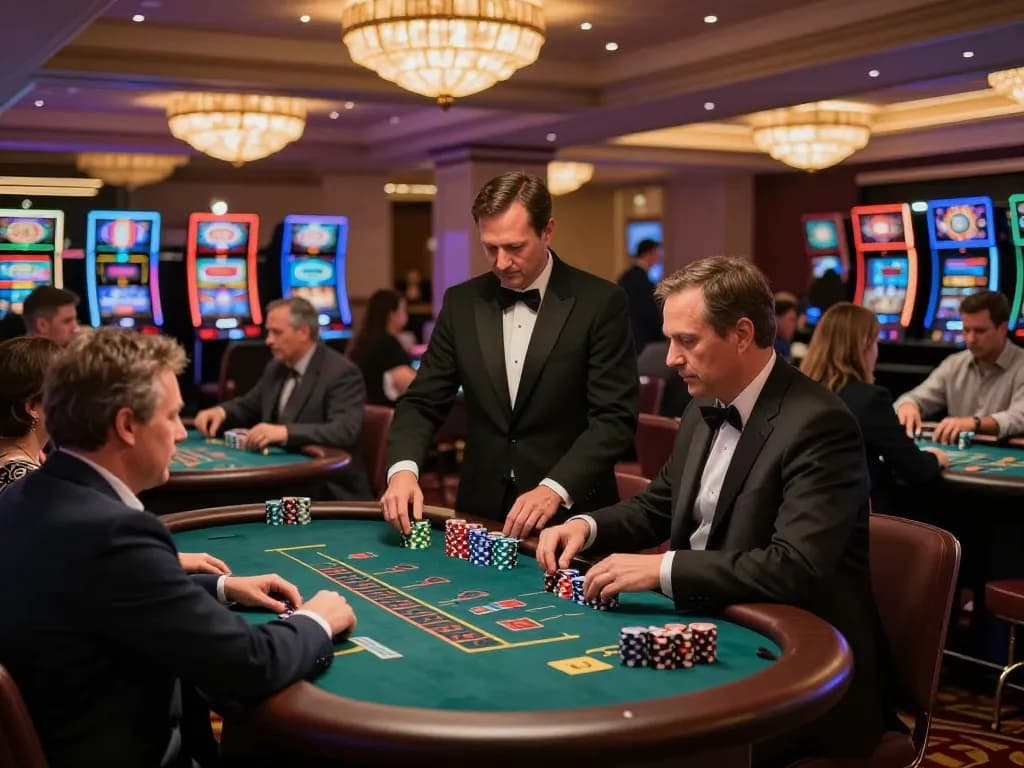 KONG88 players strategizing their bets at a lively blackjack table in a luxury casino.