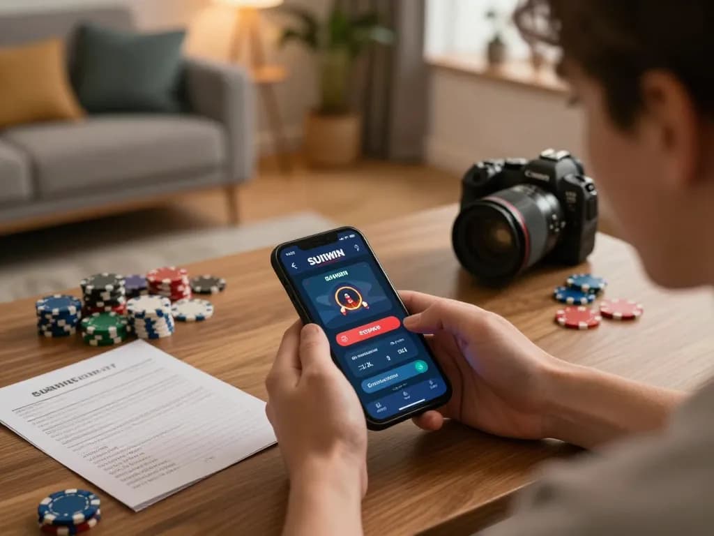SUNWIN player strategizing in a cozy living room during a mobile gaming session.