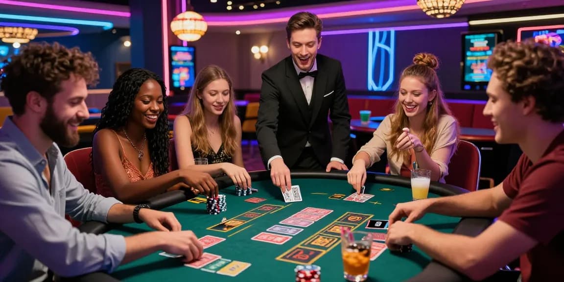 Friends enjoying card games at uk credit card casinos under vibrant neon lights.