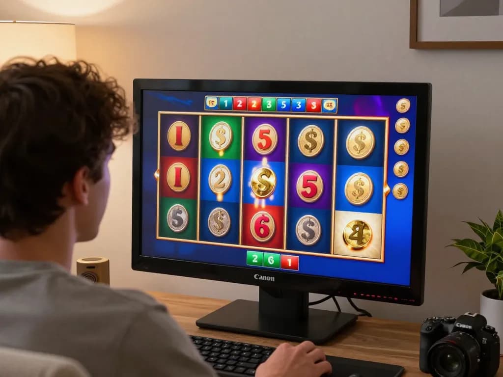 Player enjoying winning spins on situs slot in vibrant home environment showcasing online gaming