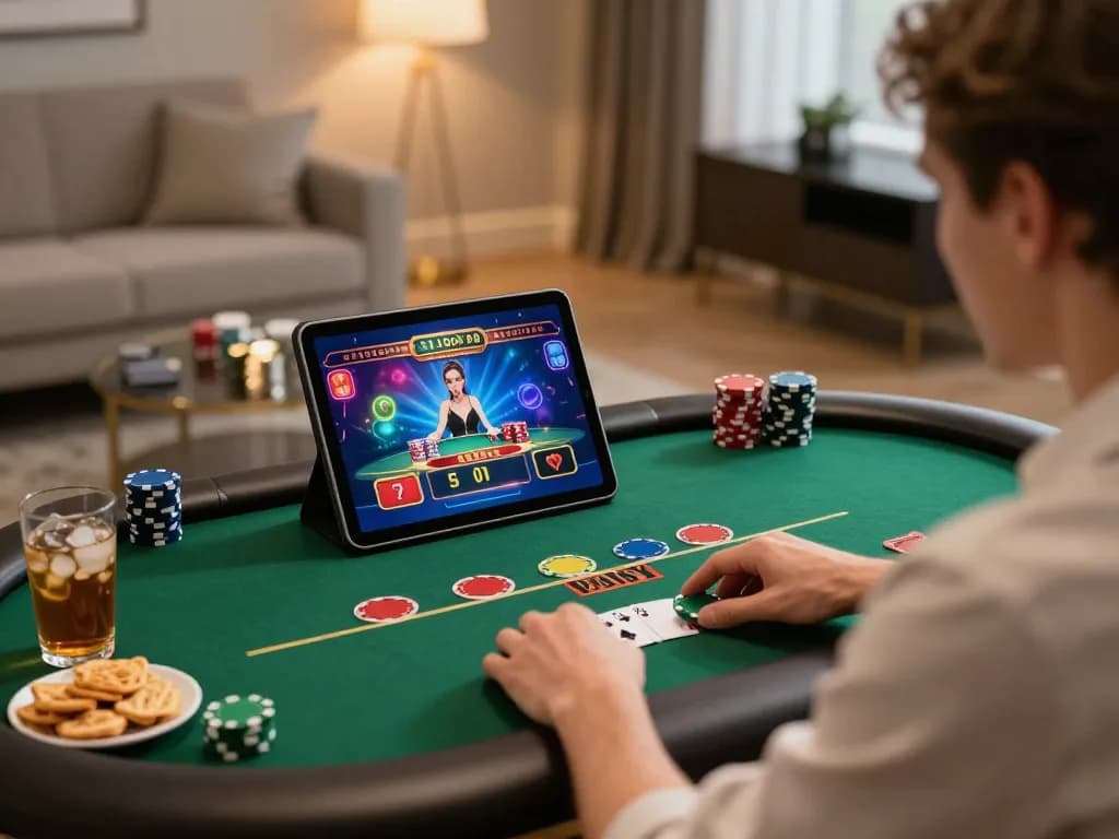 Player enjoying poker on CM88 online casino platform in a cozy home setting.