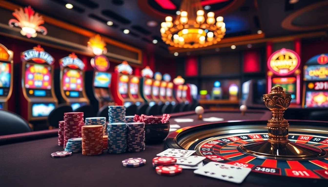 Experience the excitement of Giải mã giấc mơ with vibrant casino visuals featuring poker chips and roulette wheels.