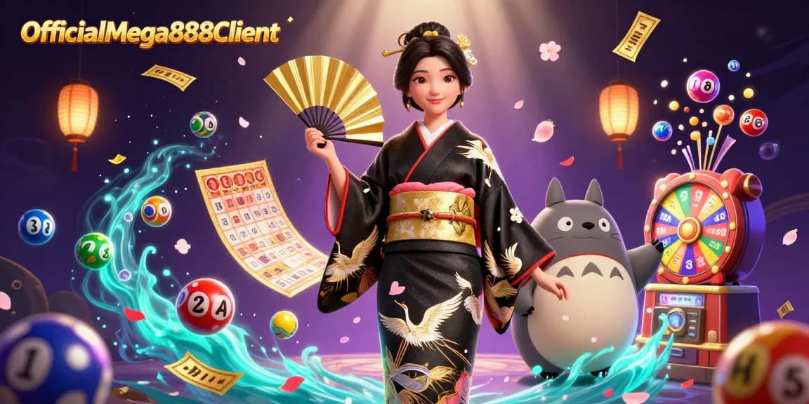Win big with OfficialMega888Client - vibrant lottery balls, and engaging 3D casino characters in action.