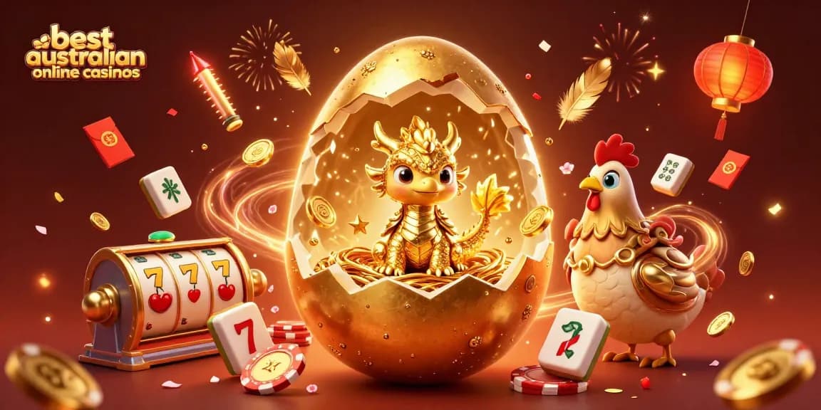 Experience the excitement at the best australian online casinos with a golden dragon guarding poker chips amidst festive elements.