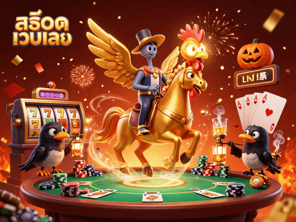 Spin the reels in a vibrant casino scene featuring สล็อตเว็บตรง elements, showcasing winning jackpots and lively characters.