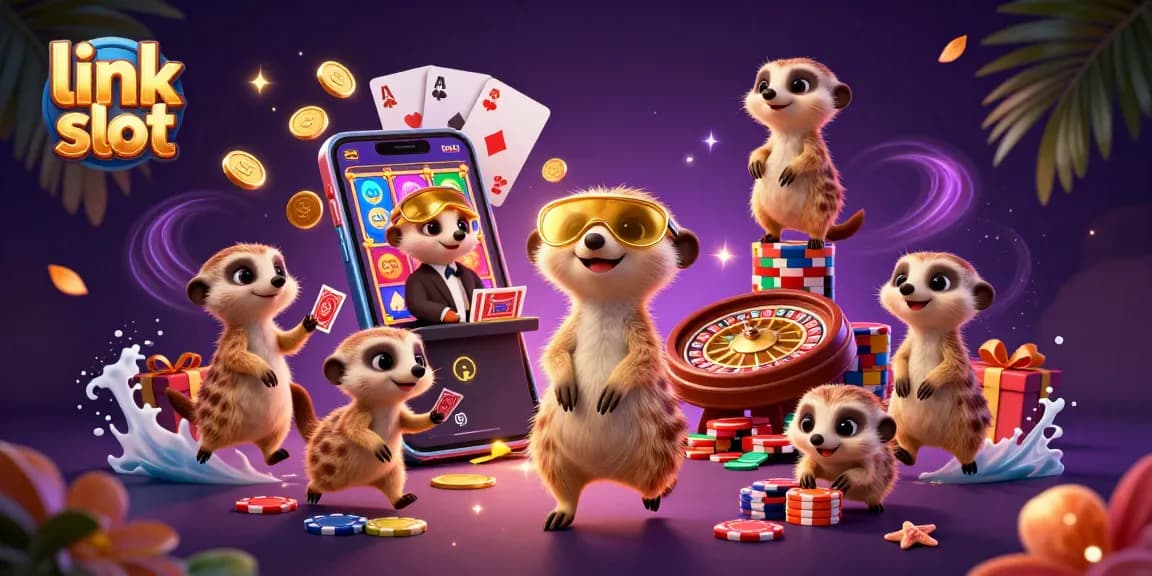 Win big with the link slot games featuring dynamic meerkats in an exciting casino scene.