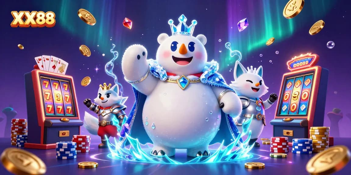 Engage with XX 88 themed online casino illustration showcasing a 3D ice king polar bear amidst gold coins and dynamic slots.
