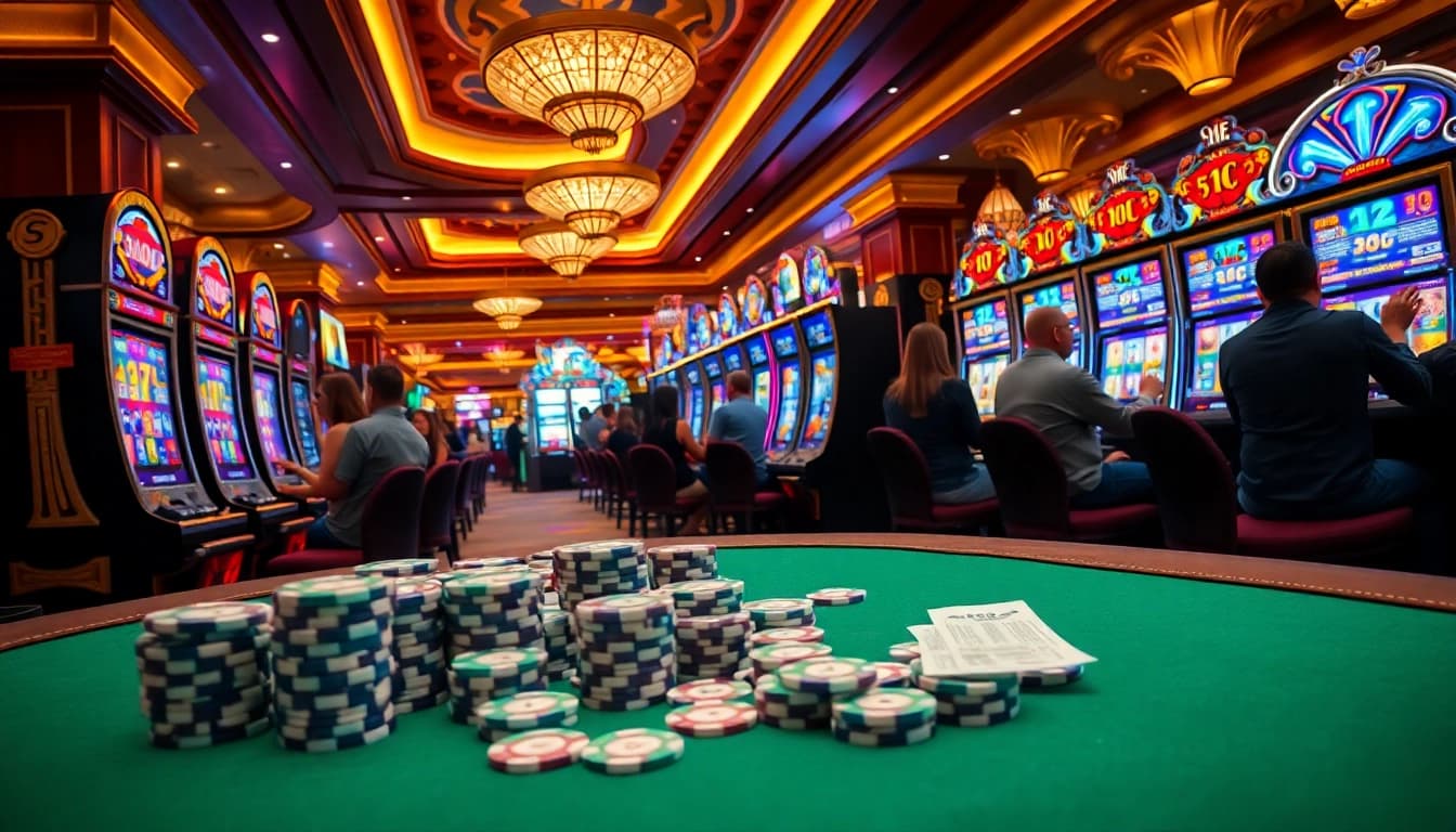 Gamblers enjoying exciting slot machines in a vibrant casino atmosphere, surrounded by poker chips.