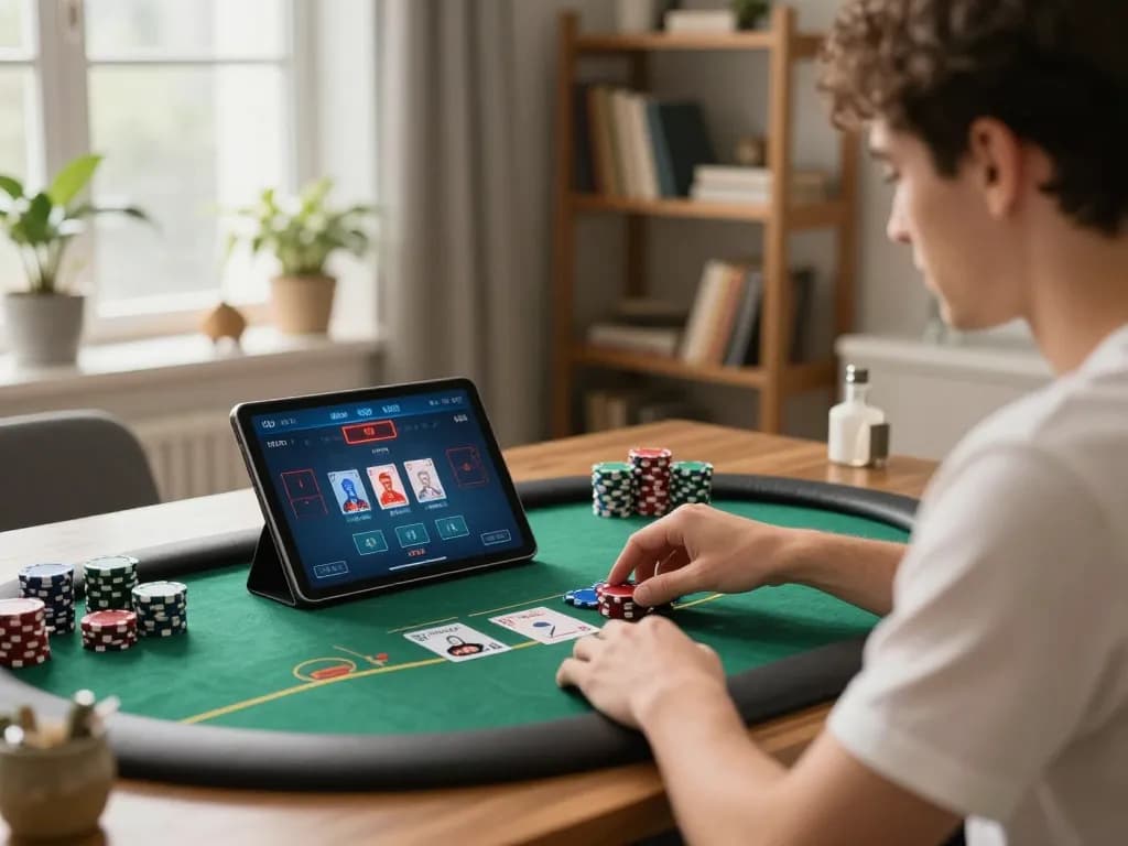 Engaging poker gameplay shown on tablet as a user navigates nk88 interface for strategic betting.