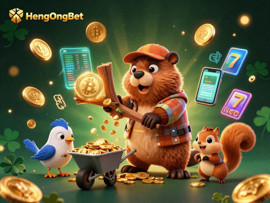 Experience gaming thrills with HengOngBet as cartoon characters celebrate with golden coins and crypto elements.