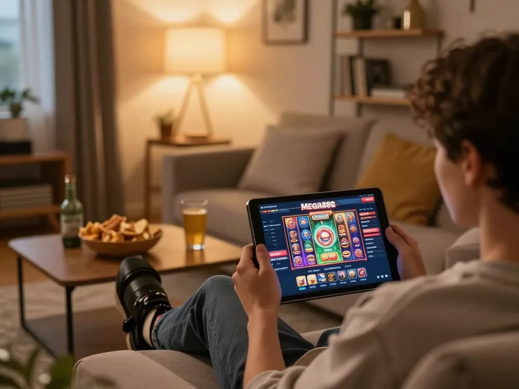 Using free credit mega888 on a tablet, player enjoying online casino in cozy home atmosphere