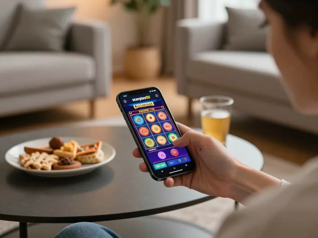 Berinteraksi dengan aplikasi seluler starplay88 yang menampilkan permainan slot yang menarik di lingkungan rumah yang nyaman