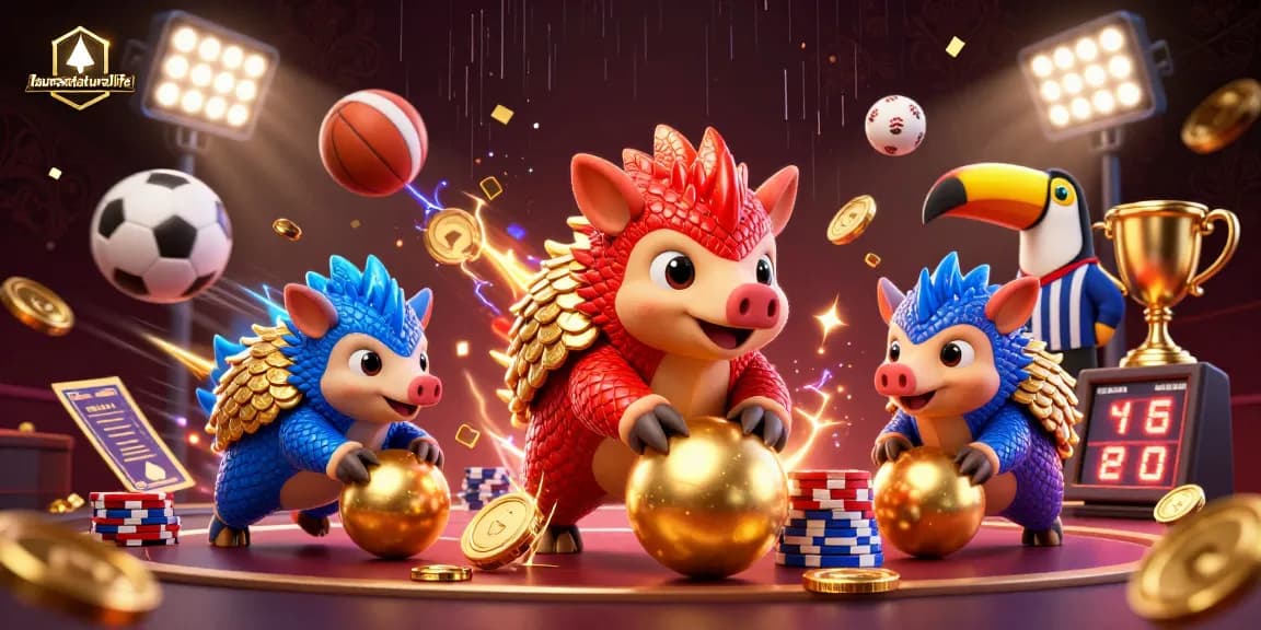 Menggulung bola emas dengan pangolin merah dan biru dalam konteks laurasnaturallife, seru dan bersemangat dalam perjudian.