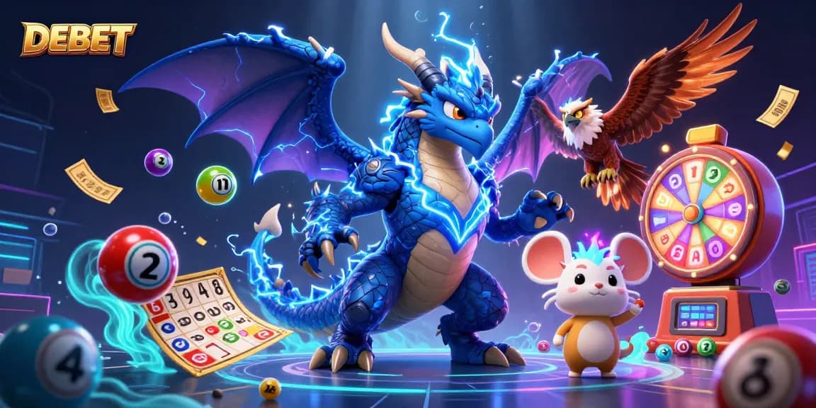 Engage in thrilling experiences with DEBET as dynamic lottery elements surround vibrant casino characters.