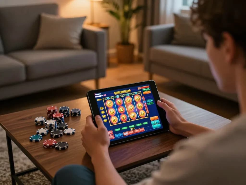 Seorang pemain memainkan slot online di tablet mereka, merasakan kegembiraan strategi permainan aman788 di rumah.