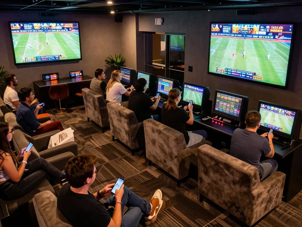 Engaged sports fans placing bets on their smartphones in one of the top 10 trang cá cược bóng đá venues, highlighting modern betting culture and excitement.