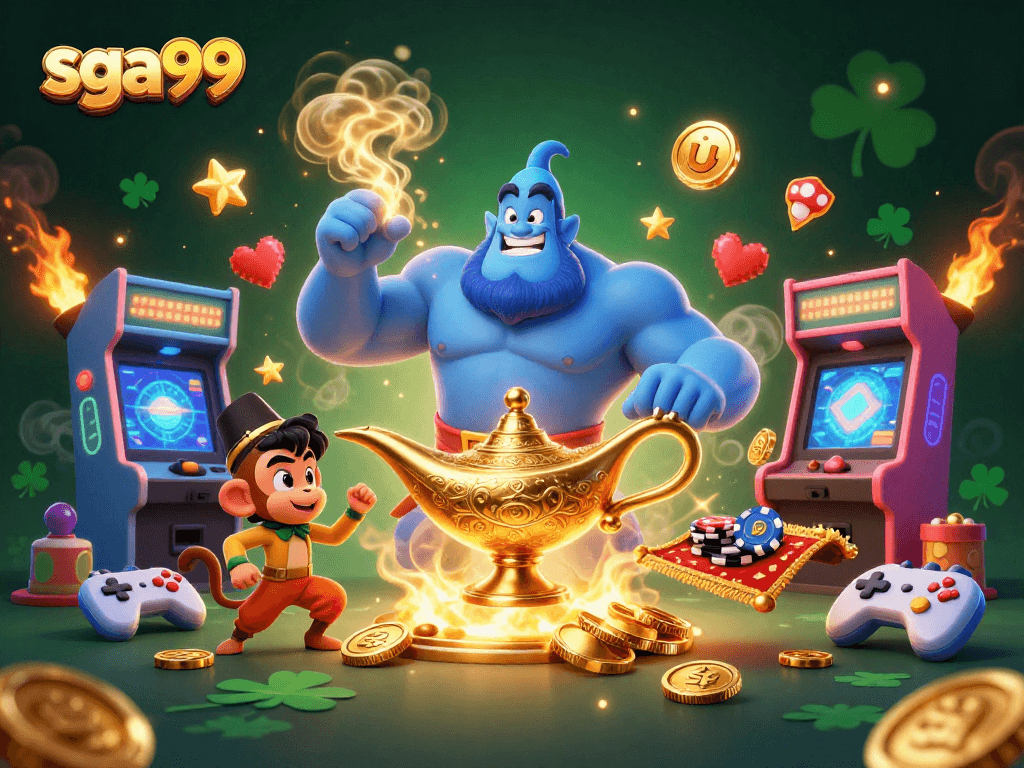 Engage with exciting slots at sga99 featuring a vibrant 3D genie and enchanting casino elements.