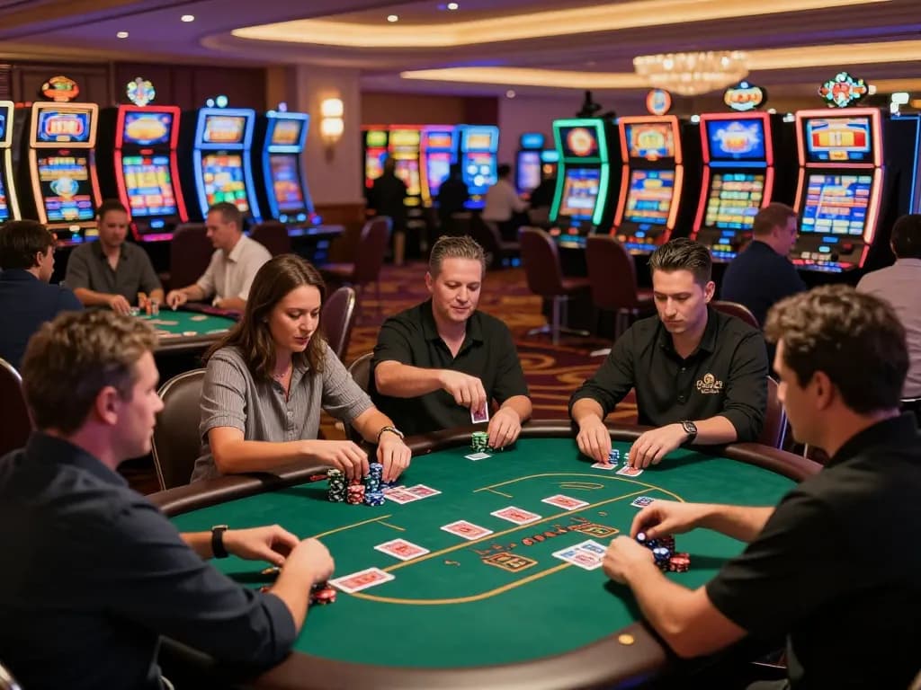 Action-filled scene at nhà cái luckywin casino, where players are engaged in intense poker gameplay with vibrant casino atmosphere.